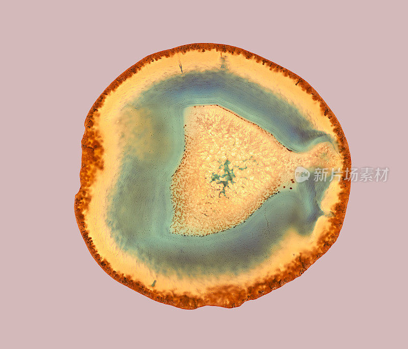 天然半透明玛瑙表面，抽象结构切片矿物晶石微距拍摄。
