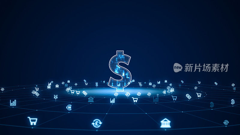 蓝色数字货币标志，带有未来科技图标和圆形旋转的线条连接，抽象背景上的数字货币和金融概念