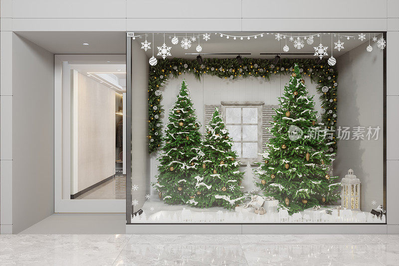 圣诞商店橱窗展示与圣诞树，装饰品和礼品盒