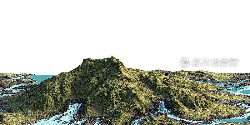 被溪流环绕的山全景的3D渲染图。