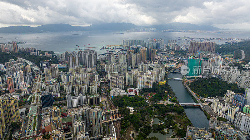 香港屯门市区的无人机景观