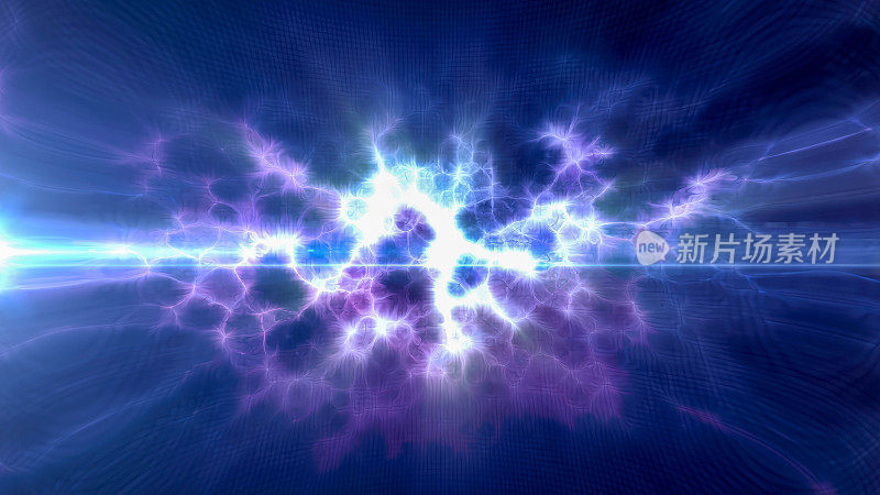 蓝色能量发光的神奇波和电闪电使高科技数字彩虹液体等离子体充满了光线线和能量粒子。抽象的背景