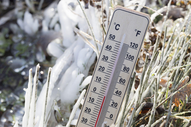 温度计与零摄氏度旁边冻结的草叶