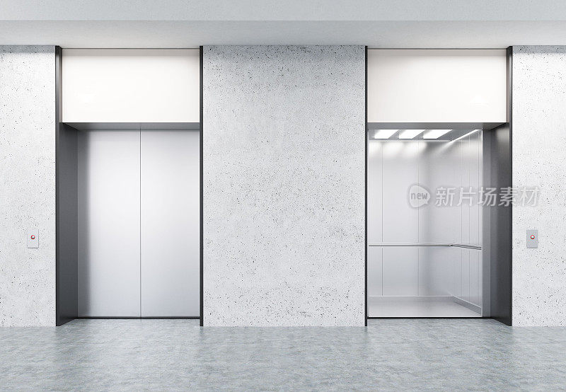 混凝土墙体的走廊内设有封闭式电梯和开放式电梯