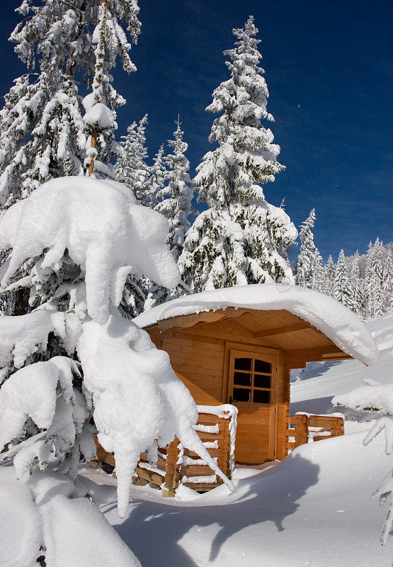 白雪覆盖的高山小屋