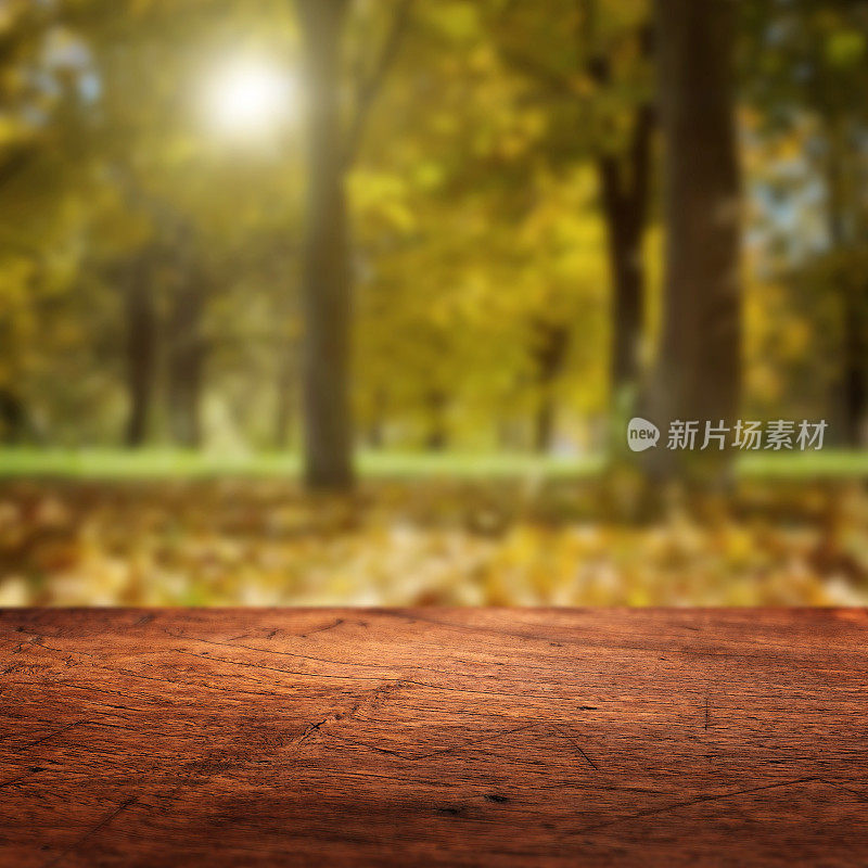 秋天的背景。木地板和散焦景观的背景