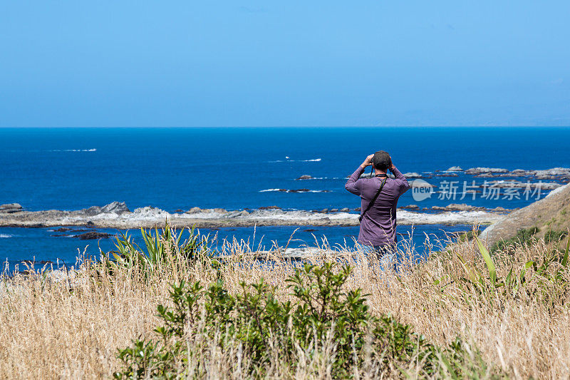 新西兰凯库拉半岛，人们用望远镜观察鲸鱼