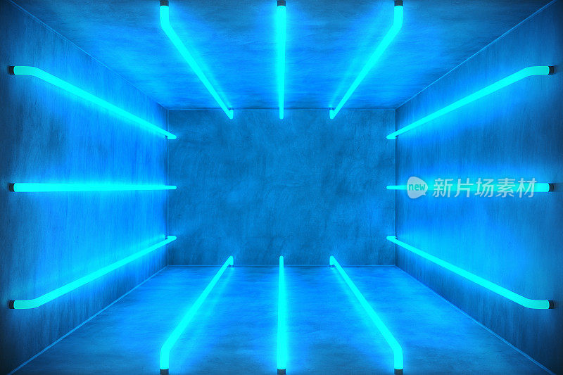 3D插图抽象的蓝色房间内部与蓝色霓虹灯。未来建筑的背景。混凝土墙箱体。你的设计项目的模型，