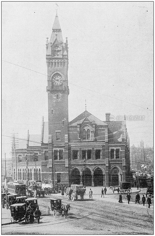 美国马萨诸塞州波士顿的古董照片:公园广场和普罗维登斯车站