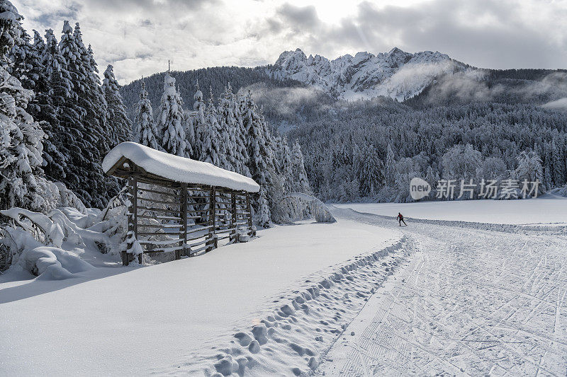 冬季景观，干燥框架在左边，越野滑雪者在前景