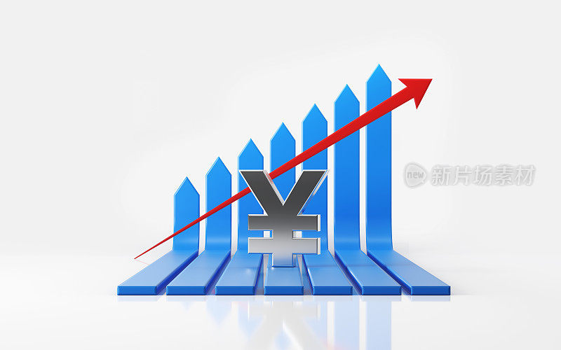 金融增长条与日元符号在白色反光表面