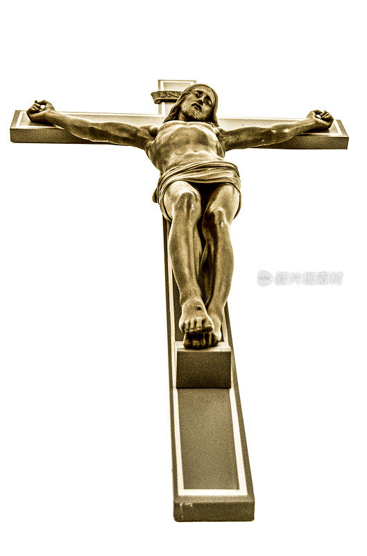 耶稣基督挂在教堂的旧十字架上，特写以白色背景