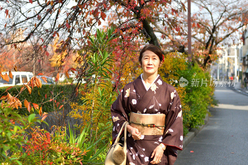 京都，穿着和服的日本妇女走在秋色街道上