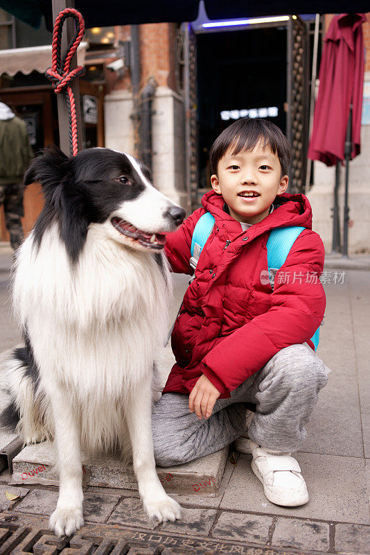 小男孩和博德牧羊犬