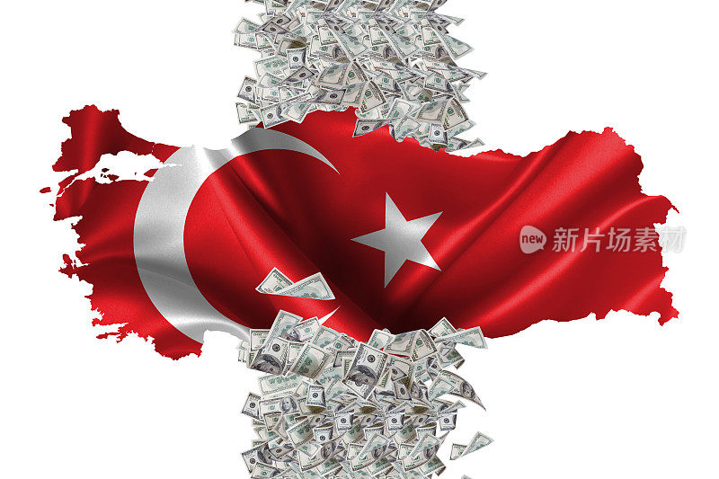 飘扬的土耳其地图旗帜和飘扬的美元钞票