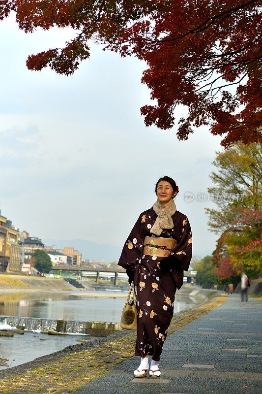 穿着和服的日本妇女沿着京都的加茂河行走