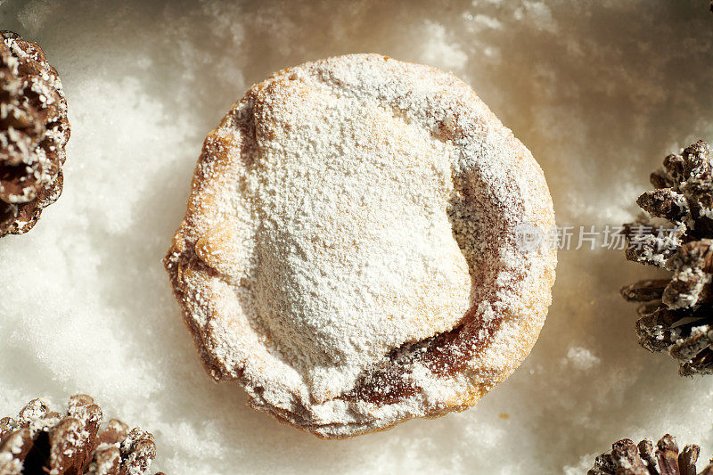单肉馅饼与圣诞装饰松果在雪的背景。