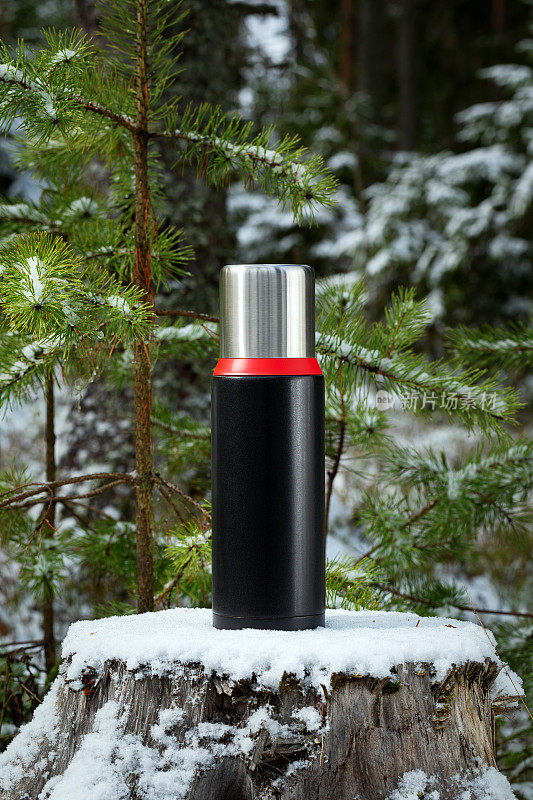 保温瓶放在森林里的一个老树桩上。