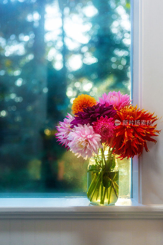 美丽的一束鲜艳的大丽花在一个玻璃瓶花瓶。在农舍窗前的室内。垂直花卉背景图像。