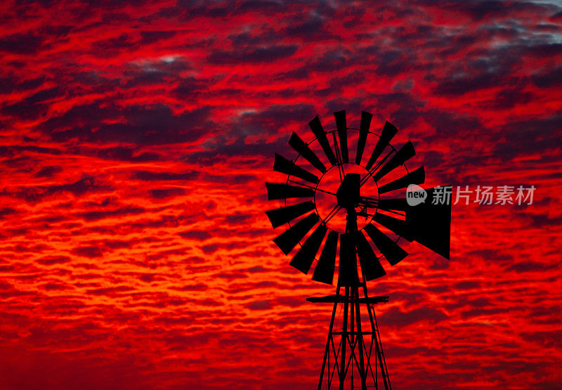 卡鲁平原上风帆的剪影，后面是灿烂的红色夕阳。