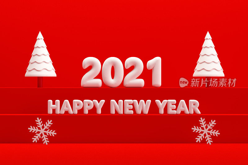 圣诞2021新年概念，红色背景，楼梯站讲台