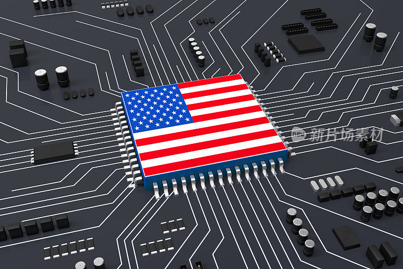 CPU和计算机电路板的概念，CPU覆盖了美国国旗