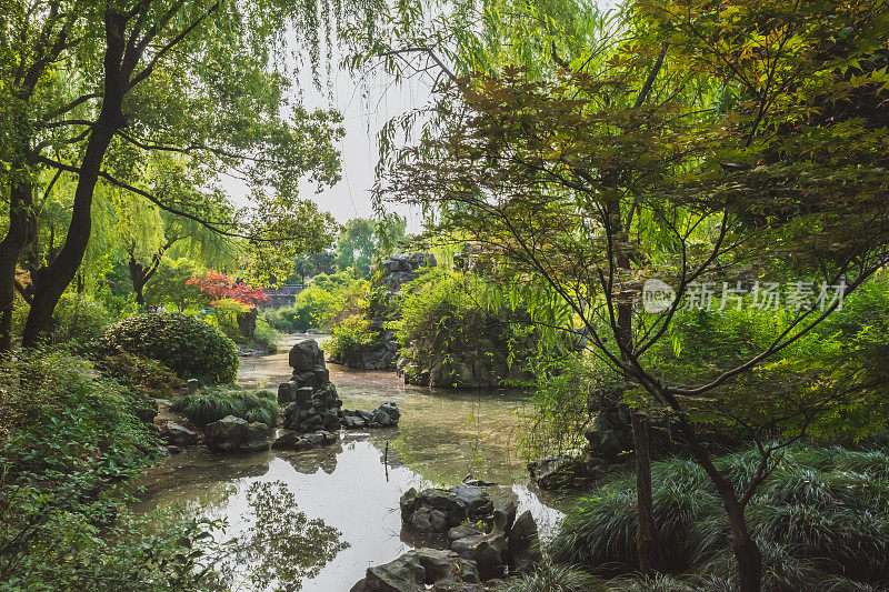 在中国绍兴的沈园景区，岩石在池塘周围的树木