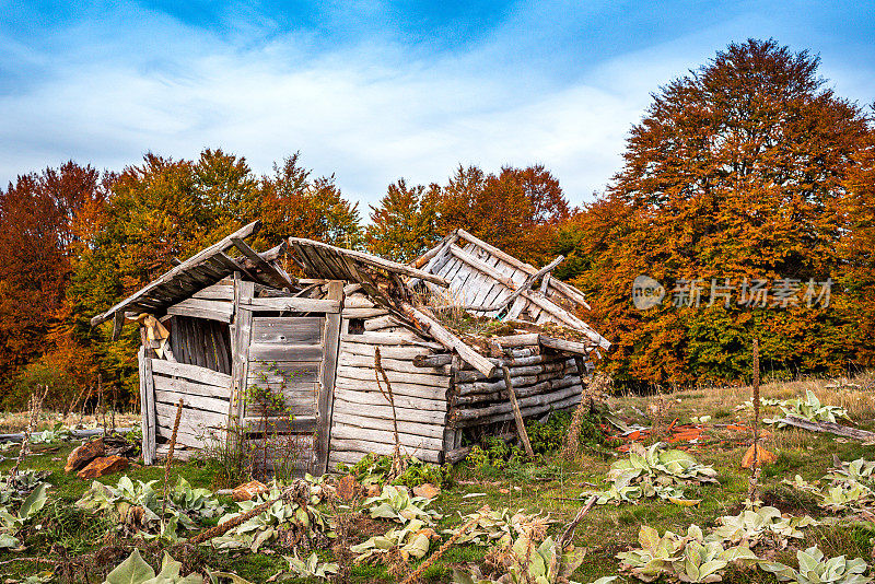 秋天山上的废弃小屋