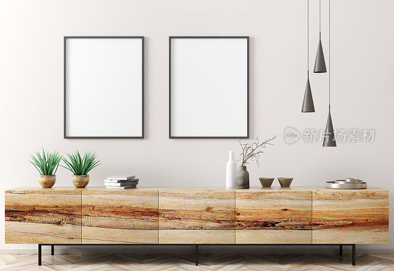 现代室内客厅与木制餐具柜和模型海报3d渲染