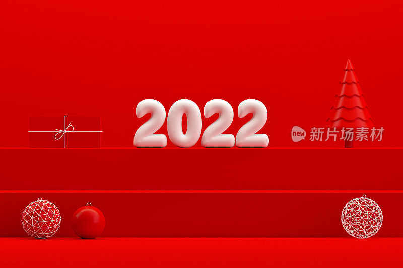 2022年圣诞新年概念，红色背景，楼梯站讲台