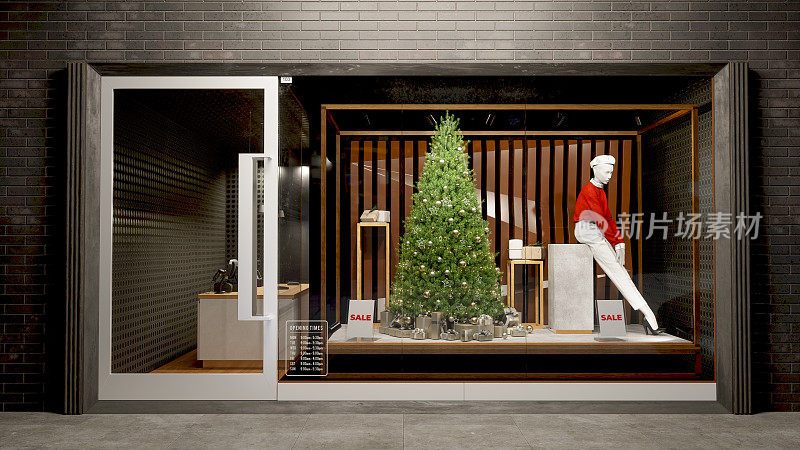 服装店圣诞大甩卖。服装商店的外观与圣诞树，装饰品和礼品盒展示在橱窗