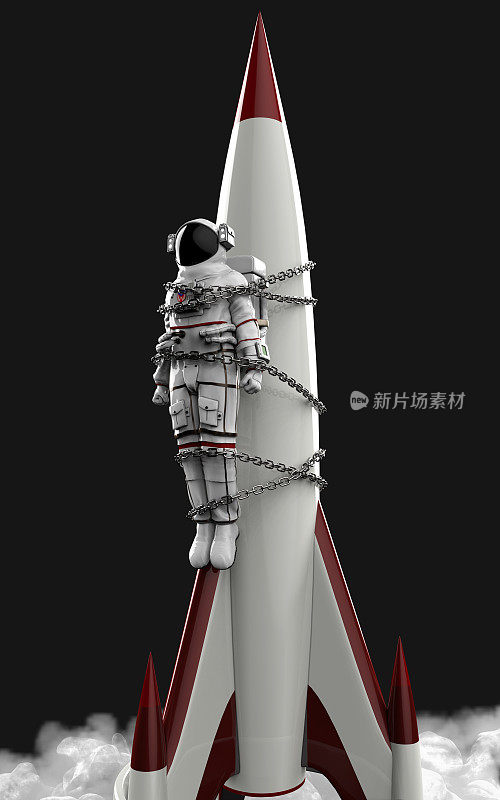 白色的宇航员用链条将白色和红色的火箭系在黑色的背景上。