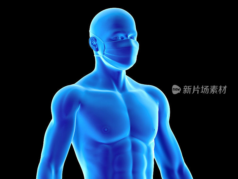 一个男人戴着医用口罩的3D插图，孤立在黑色背景上
