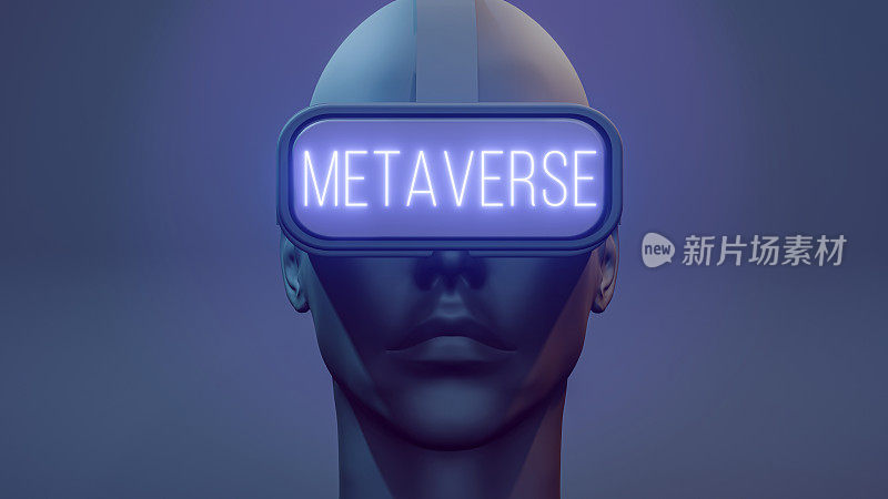 3D渲染Metaverse角色使用虚拟现实眼镜。在VR眼镜上可见元宇宙文本