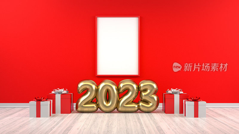 2023新年礼盒，空框在房间，圣诞概念