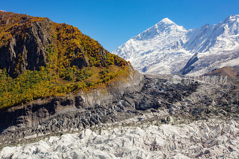 Minapin冰川和Rakaposhi山景，喀喇昆仑，巴基斯坦