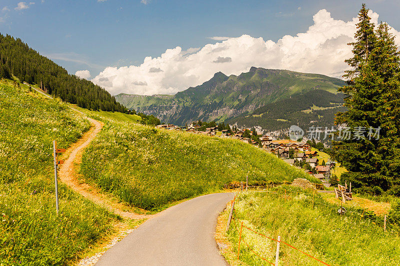 山路。Lauterbrunnen。瑞士。山的风景。伯尔尼州。穆伦村