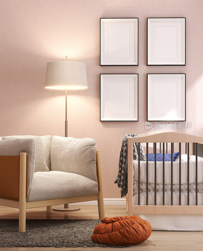 四个空白的照片海报框架，白色哑光，黑色边缘，在可爱，豪华，粉红色舒适的幼儿卧室，木制婴儿床，奶油垫扶手椅，在阳光下粗毛地毯