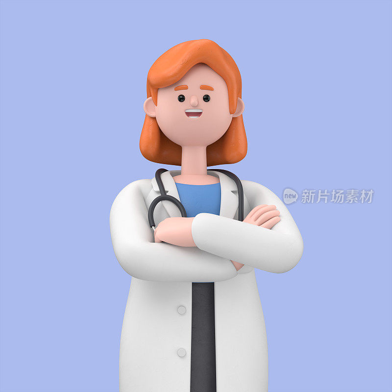 女博士诺瓦的特写肖像，双臂交叉。在蓝色背景上隔离的医学演示剪贴画