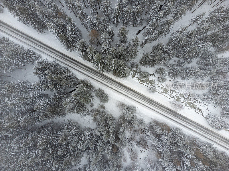 从空中俯瞰，一条笔直的道路穿过波兰山区一片白雪覆盖的森林
