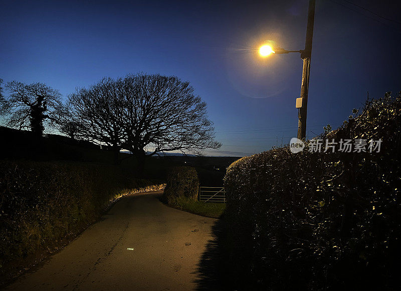 威尔士夜晚狭窄的乡间小路