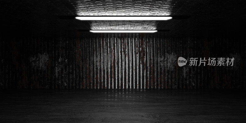 工业钢棚大厅地下室与磨损生锈的金属和混凝土地板3d渲染插图