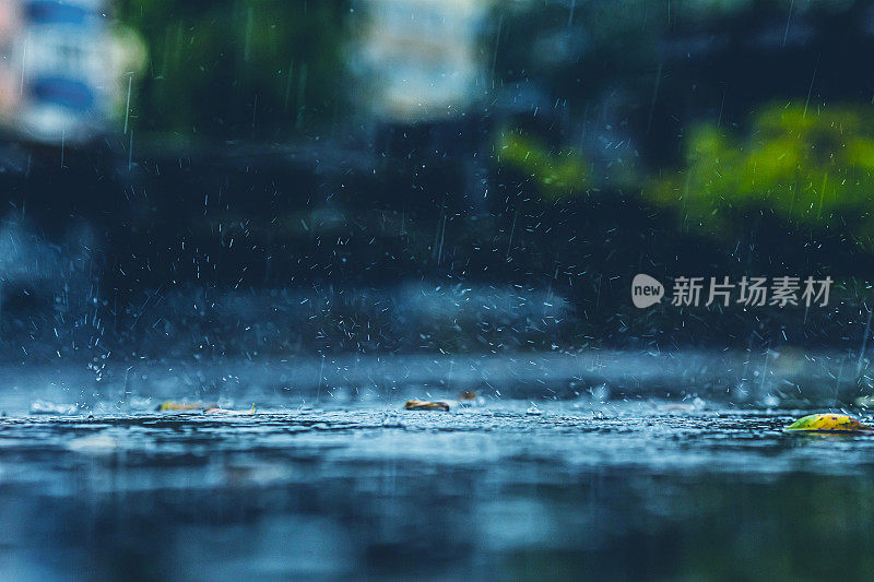 雨滴落在水坑里。下雨了。溅起的水