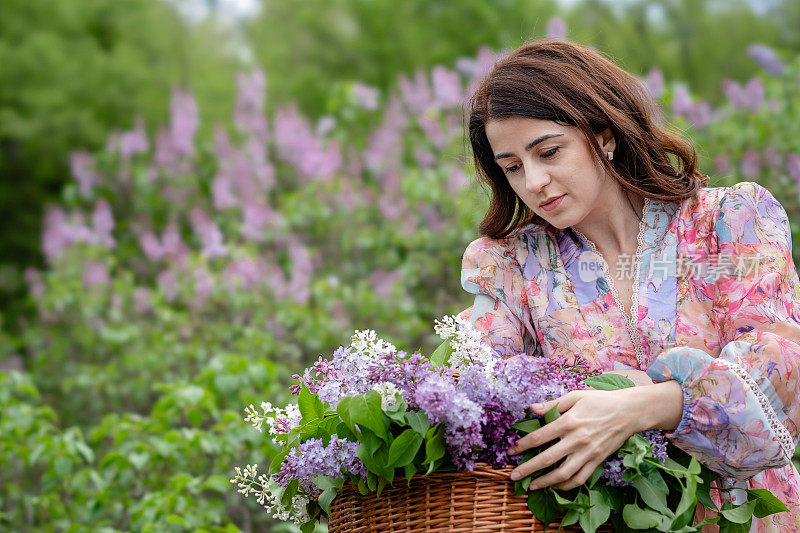 美丽的女人带着一个自然的紫丁香篮子