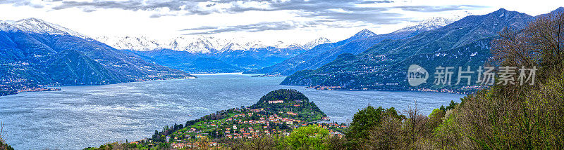 湖科莫村贝拉吉奥全景背景雪山意大利，欧洲