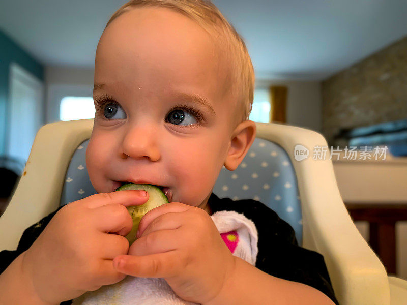 小男孩用手吃黄瓜。