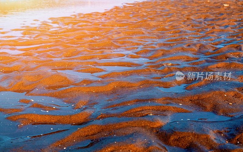 美丽的日落。日落时沙滩上的浪花，阳光。