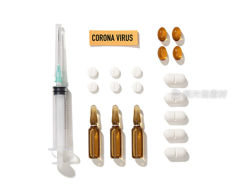 Covid-19、冠状病毒、2019-nCoV，白色背景上的医疗设备