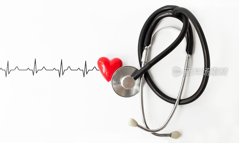 检查心脏，预防心脏病。心脏征，心电图，听诊器白色背景俯视图