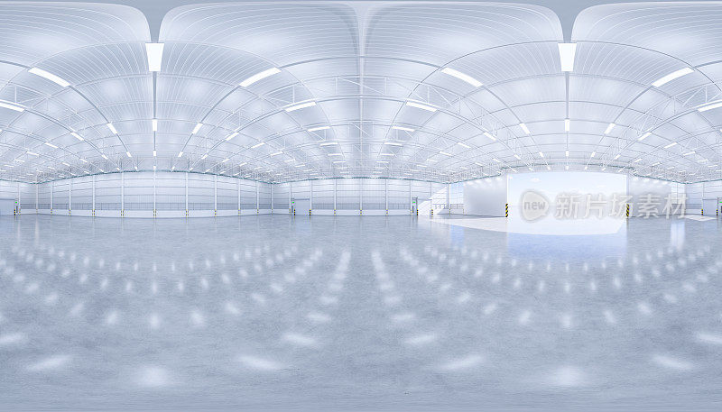 3d效果图:空机库建筑全景图，混凝土地板和卷帘门，干净，全新。